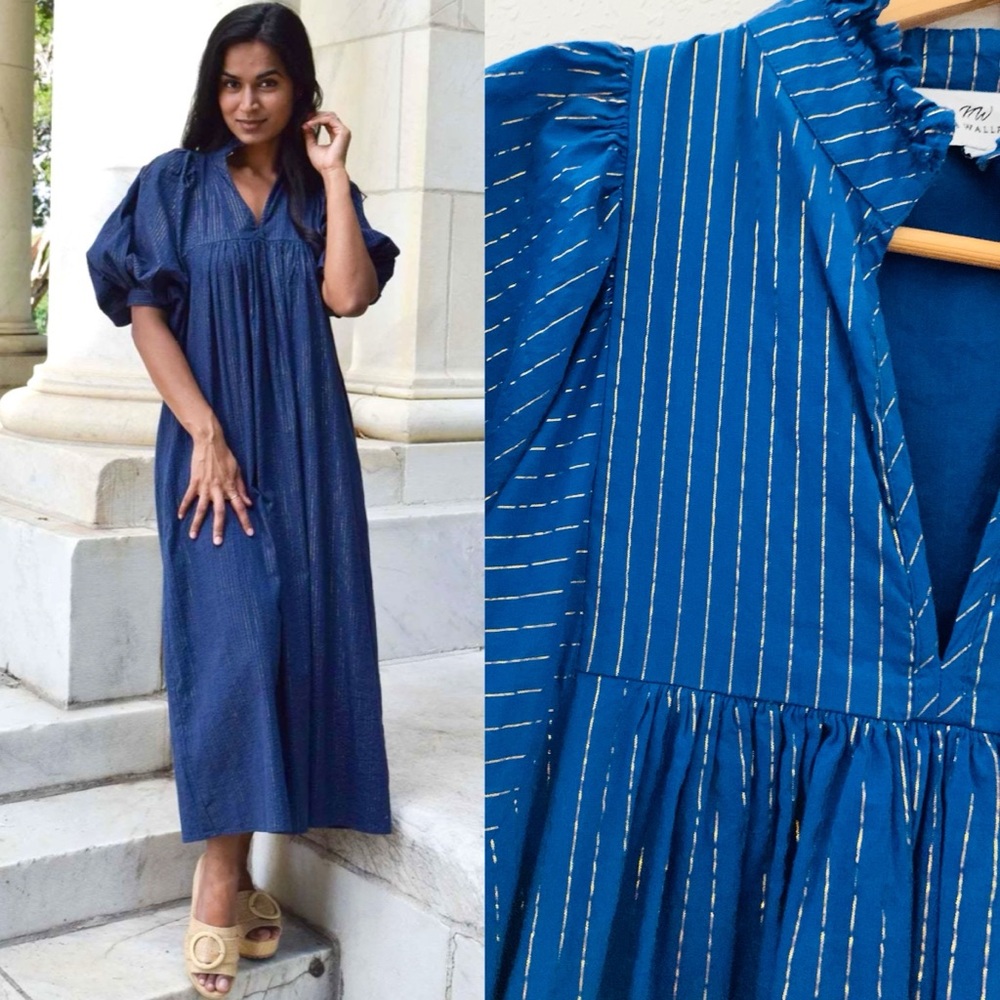 Never a Wallflower Blue  Metallic Gold Midi Dress